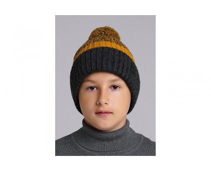 Детская шапка с отворотом и утеплением, меланж т. серый/горчичный