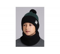 Детская шапка с помпоном, т.серый/зеленый