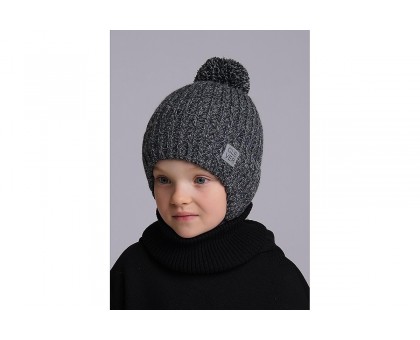 Детская шапка на завязках с отворотом, т.серый/меланж серый